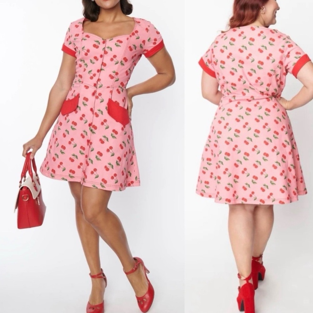 Unique Vintage Pink Denim & Cherry Print Fit & Flare Dress XL 14 NWOT - Picture 2 of 13